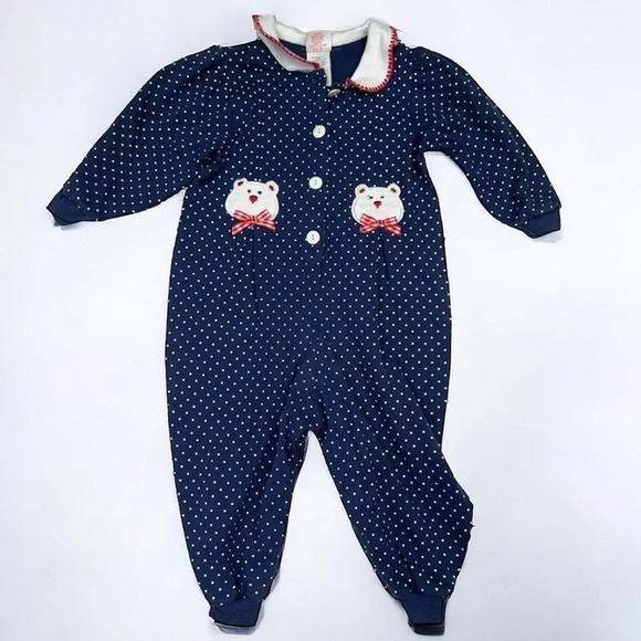 Buster Brown Vintage Blue and White Polka Dot Long Sleeve One Piece Outfit - Picture 1 of 8